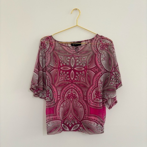 Vtg Y2K Sheer Asymmetric Flutter Sleeve Top Sz Amall - Picture 6 of 6